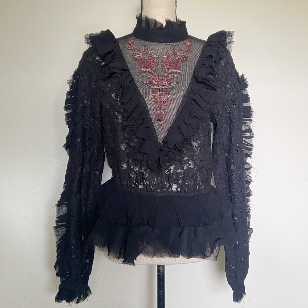 One Teaspoon Black Mesh Lace Ruffle Longsleeve Medium